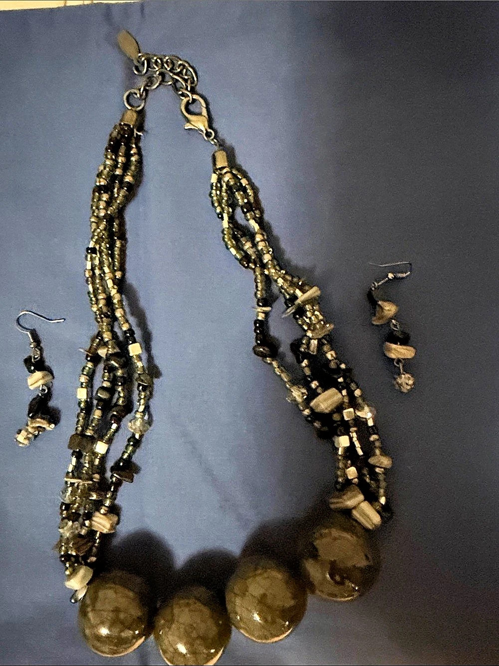 Multistrand Beaded Necklace & Earrings in Grayish Brown & Black